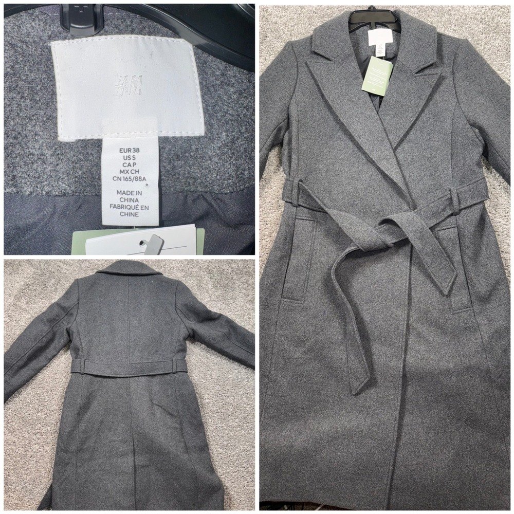 H&M Tie-belt Coat Womens Wool Blend Longline Dark Grey Size S NEW